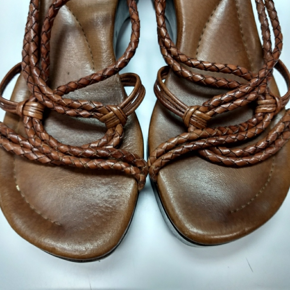 Brown Braided Leather Wooden Heel Wedge Sandals
